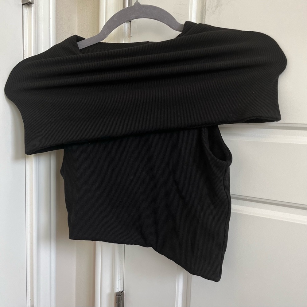 Naked Wardrobe Fold-over Off The Shoulder Ribbed Top in Black Size Medium - Picture 1 of 4
